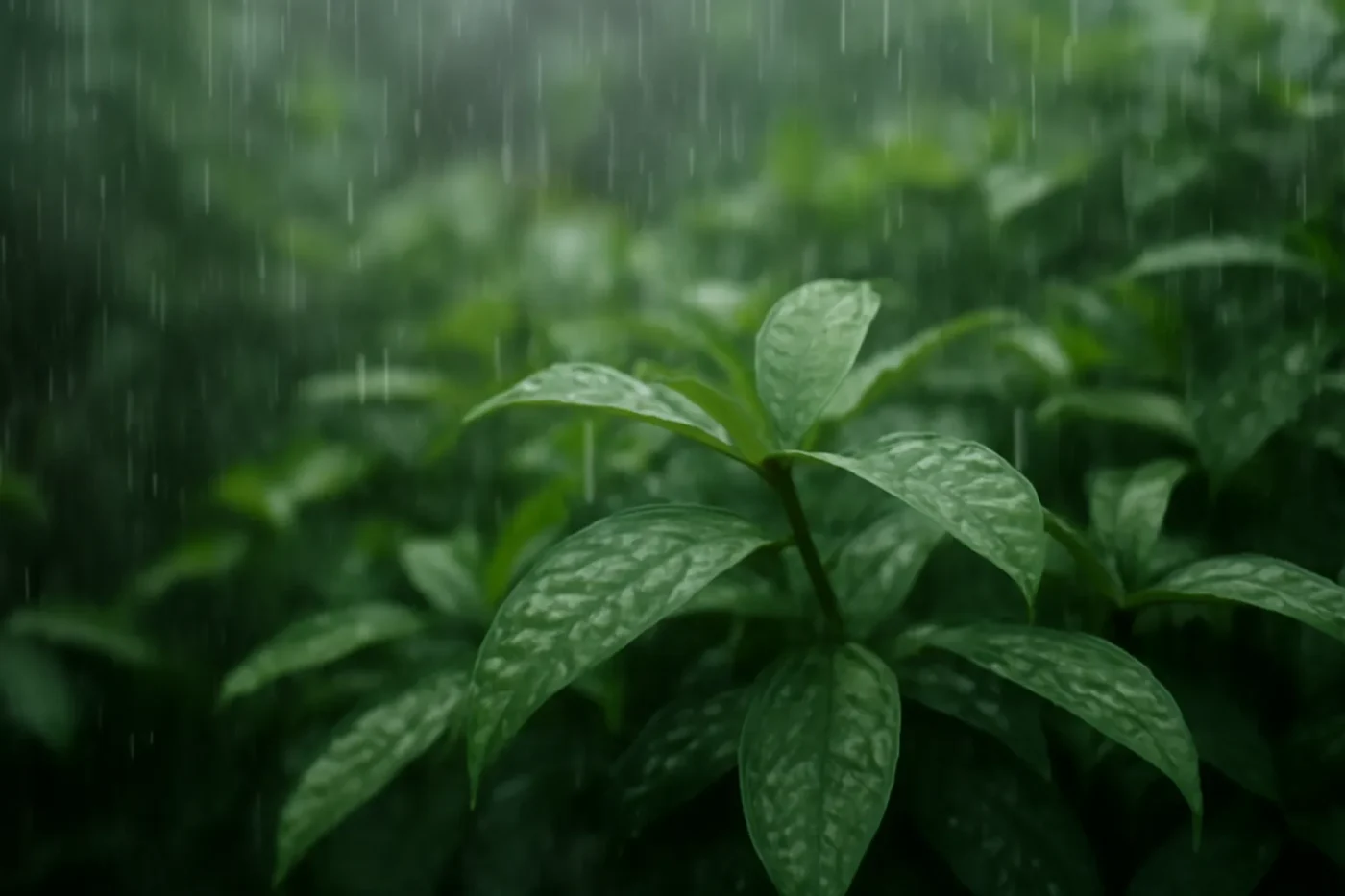 Giọt mưa nhẹ rơi trên lá cây xanh