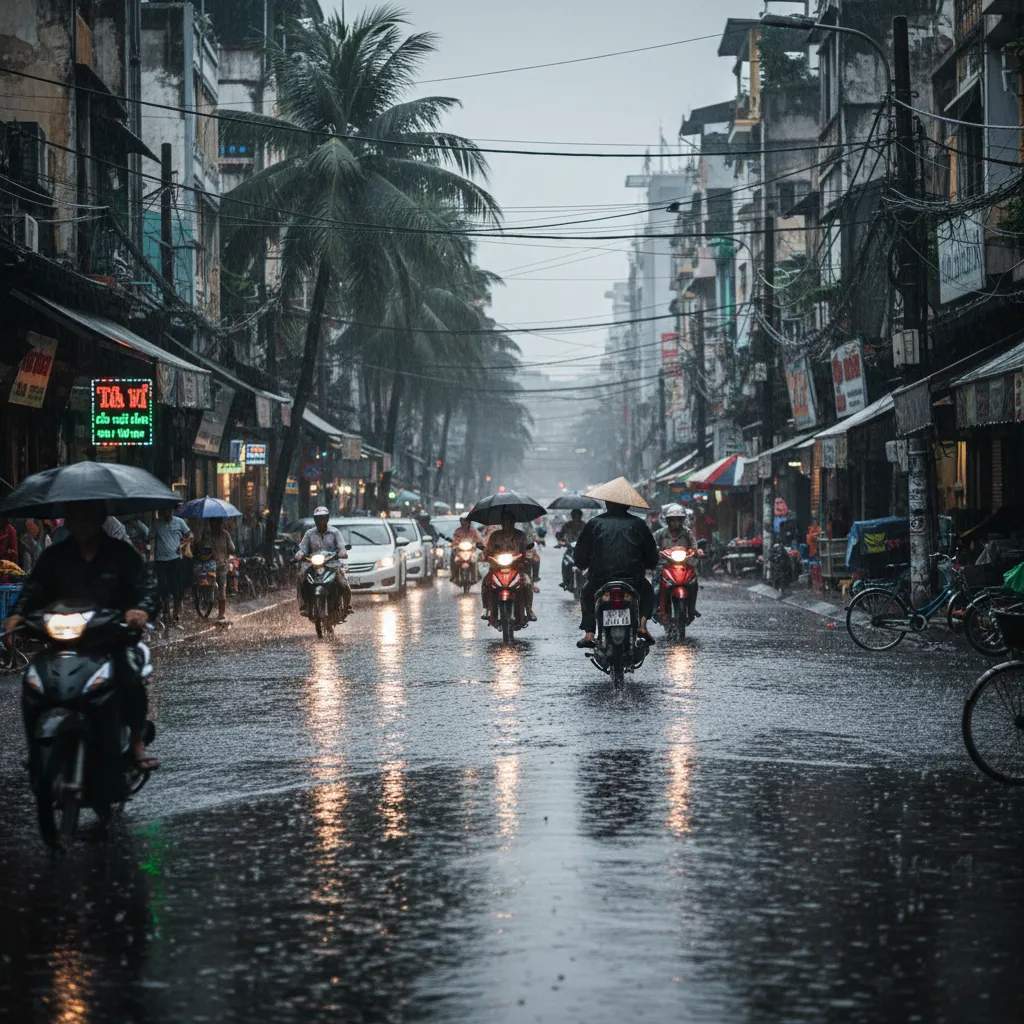 Phố thị mưa hôm nay với người đi lại dưới ô